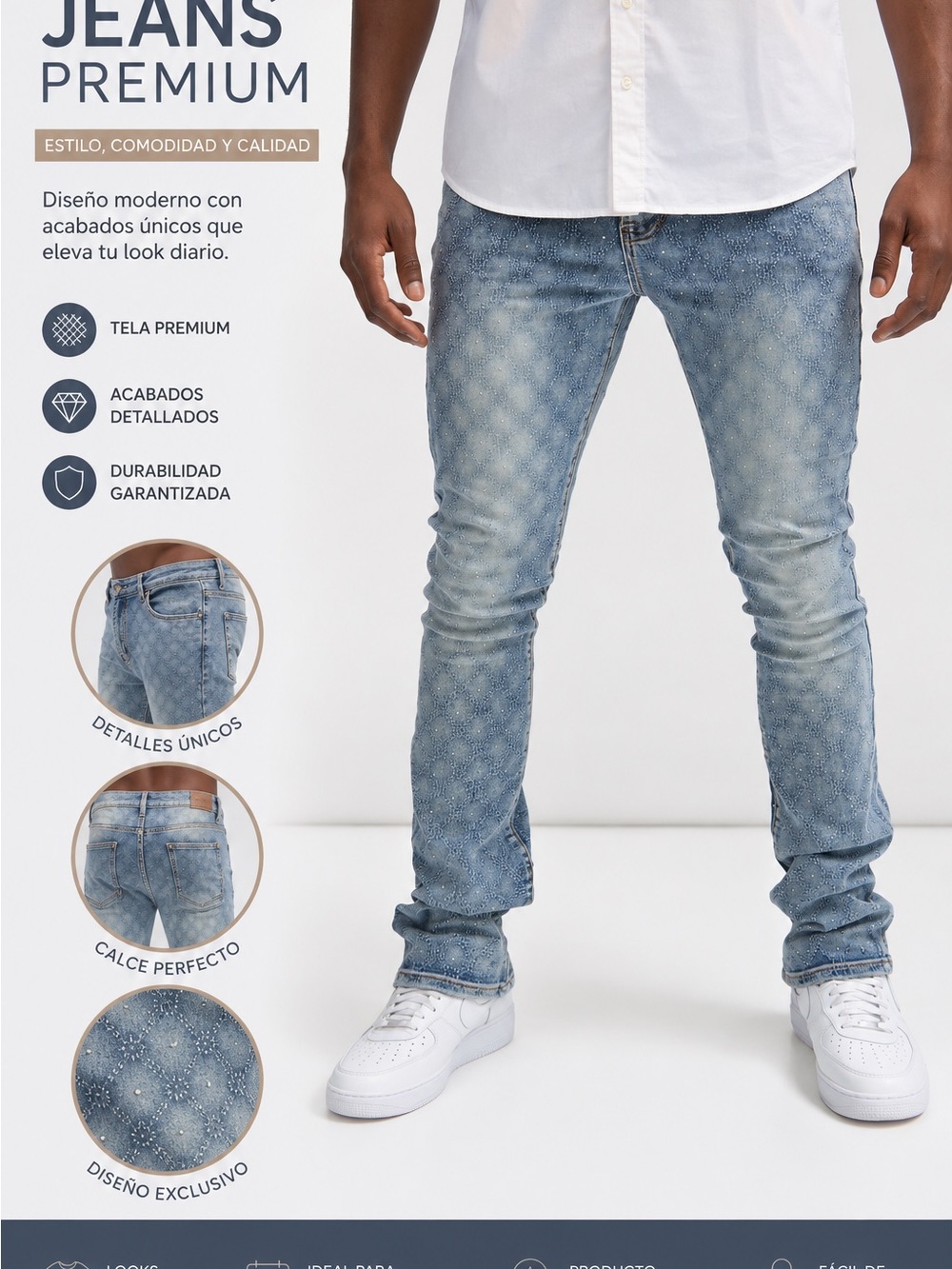 Premium Light Blue Men's Slim Jeans with Subtle Pattern